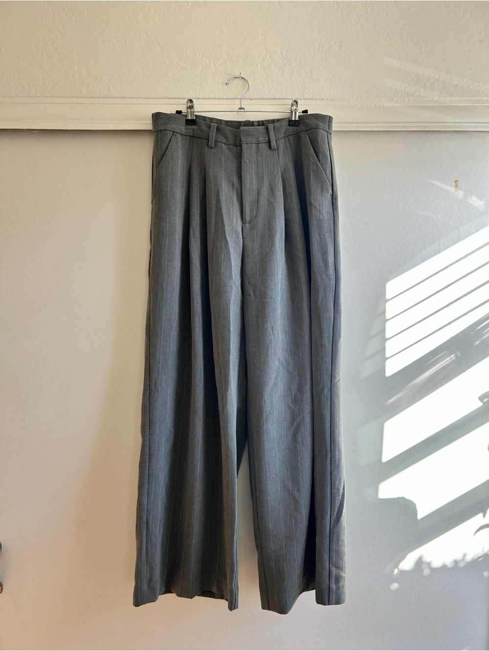 Maeve Gray Pinstripe Wide-Leg Trousers by Anthropologie